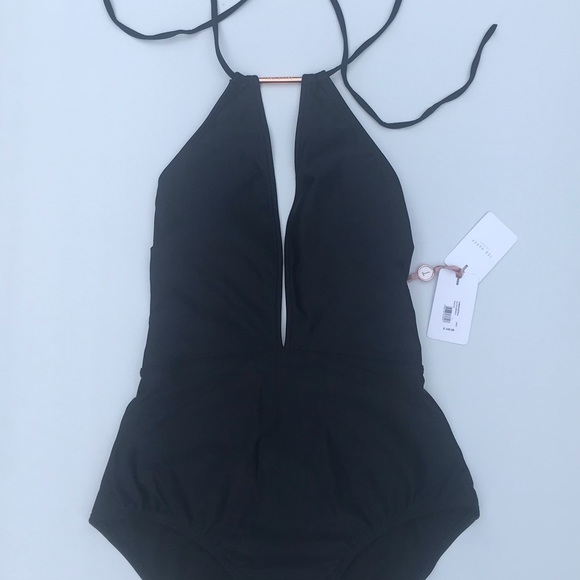 NWT Ted Baker Black Halter Deep V One Piece Swim - Picture 4 of 9